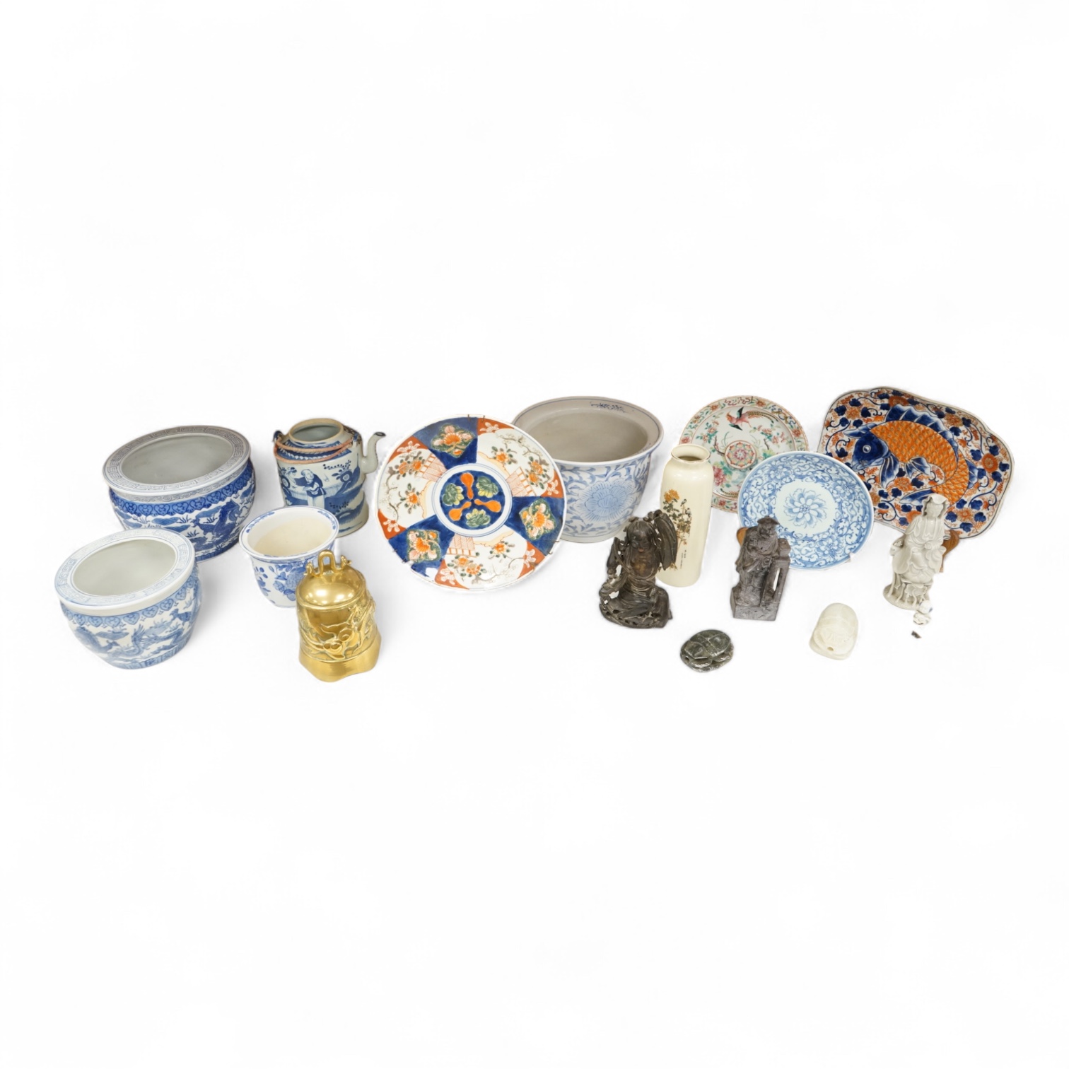 A large collection of various Chinese and Japanese ceramics and collectables to include a 19th century white glazed porcelain figure of Guanyin, largest 30.5cm